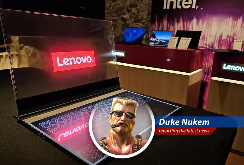 Lenovo showcases futuristic laptop prototype with see-through screen, leaving Duke Nukem unimpressed.