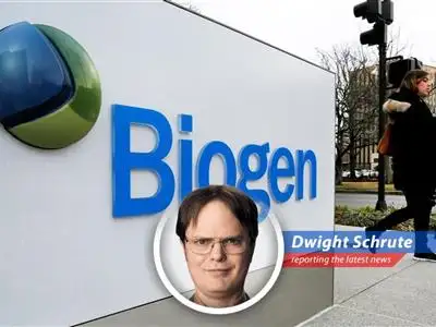 Dwight Schrute gives his humorous take on Biogen's financial woes and the difficulties of selling Alzheimer's drugs. image